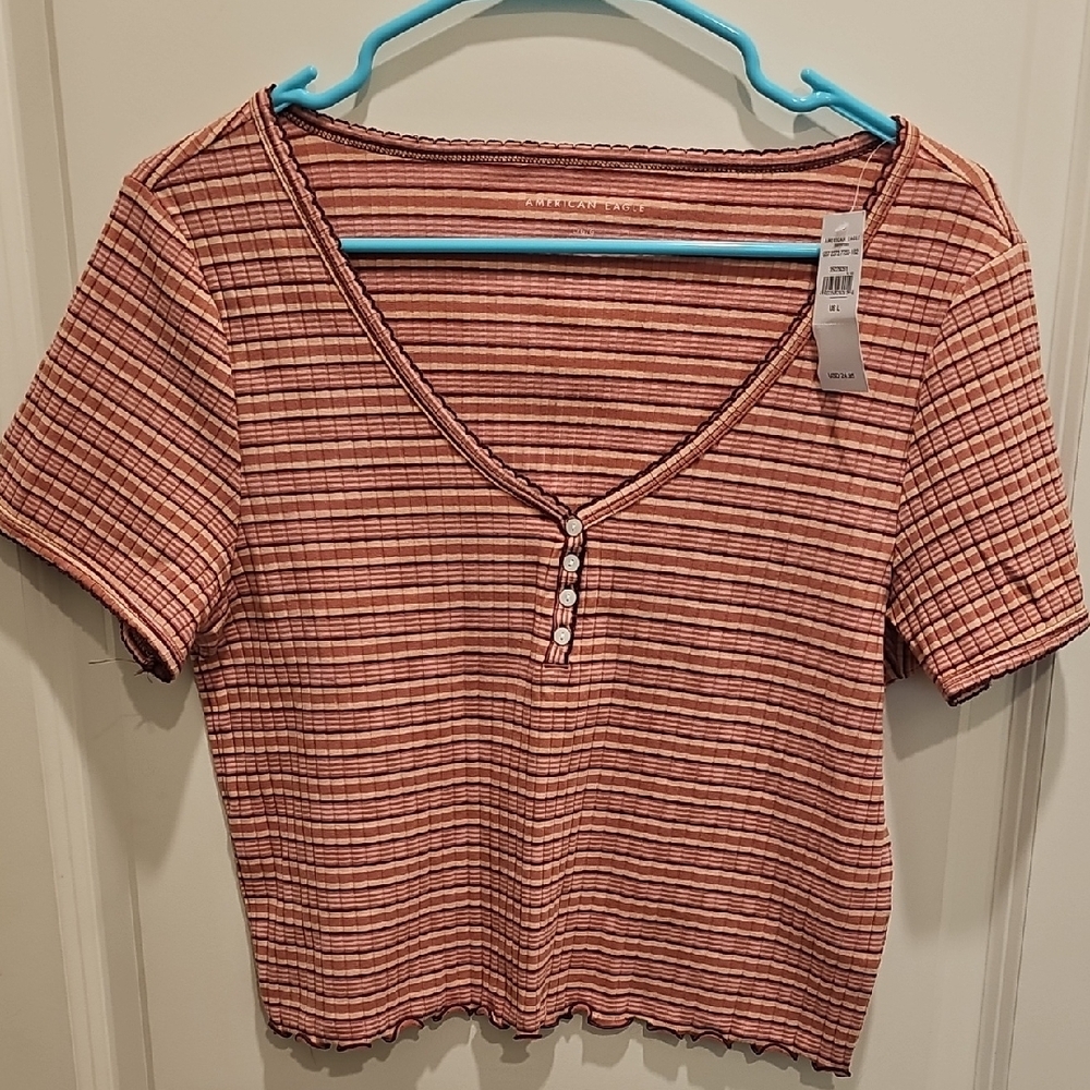 Striped V-Neck Buttoned Women's Top